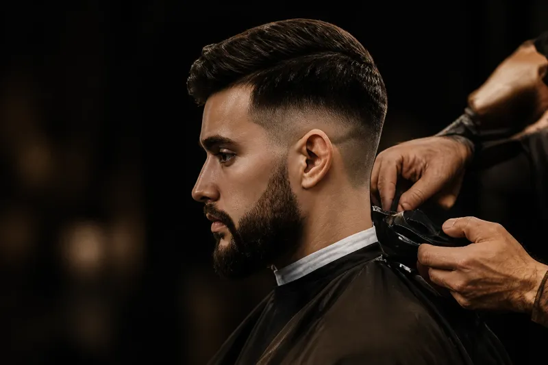 Barbier van Barbershop Fresh knipt een klant in sfeervol licht