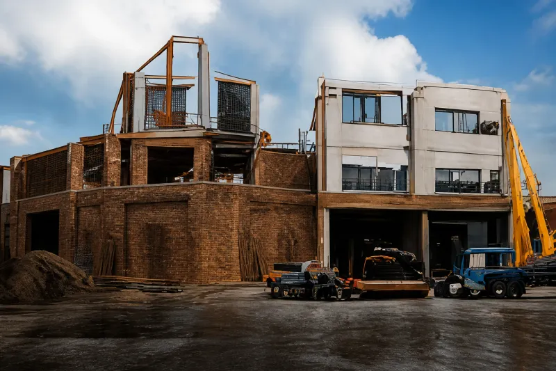 Bouwproject van Bouwbedrijf Van Dijk met kraan en bouwvoertuigen